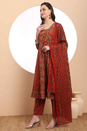 Red Floral Printed Cotton Kurti Pant Set