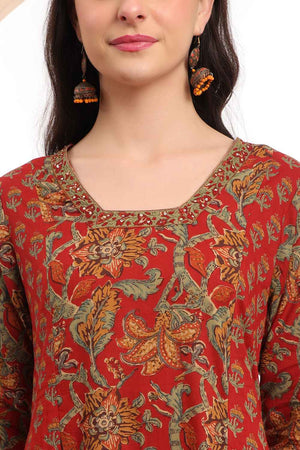 Red Floral Printed Cotton Kurti Pant Set