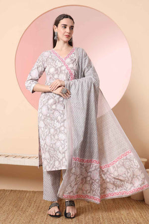 Grey Floral Printed Cotton Kurti Pant Set