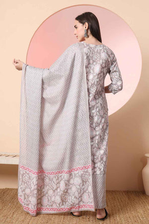 Grey Floral Printed Cotton Kurti Pant Set