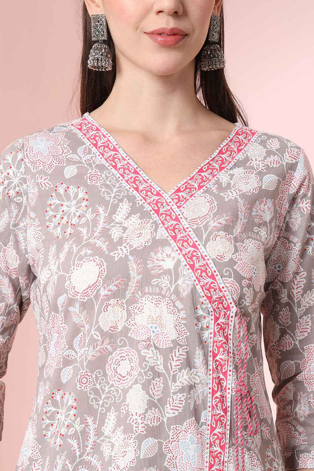 Grey Floral Printed Cotton Kurti Pant Set