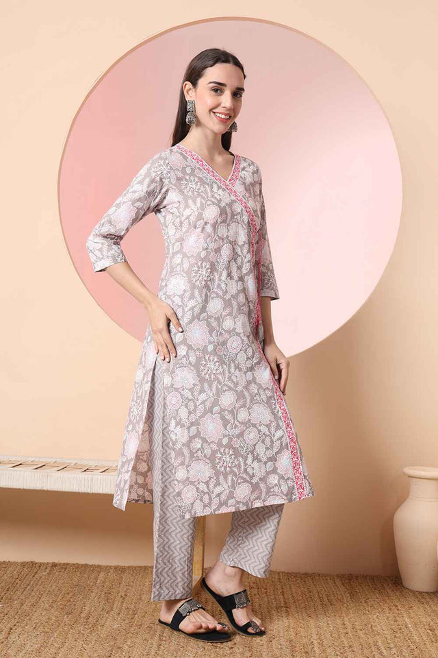 Grey Floral Printed Cotton Kurti Pant Set