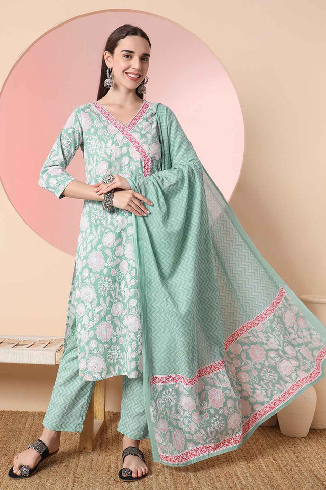 Turquoise Floral Printed Cotton Kurti Pant Set