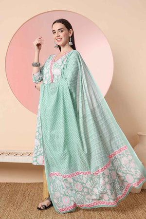 Turquoise Floral Printed Cotton Kurti Pant Set