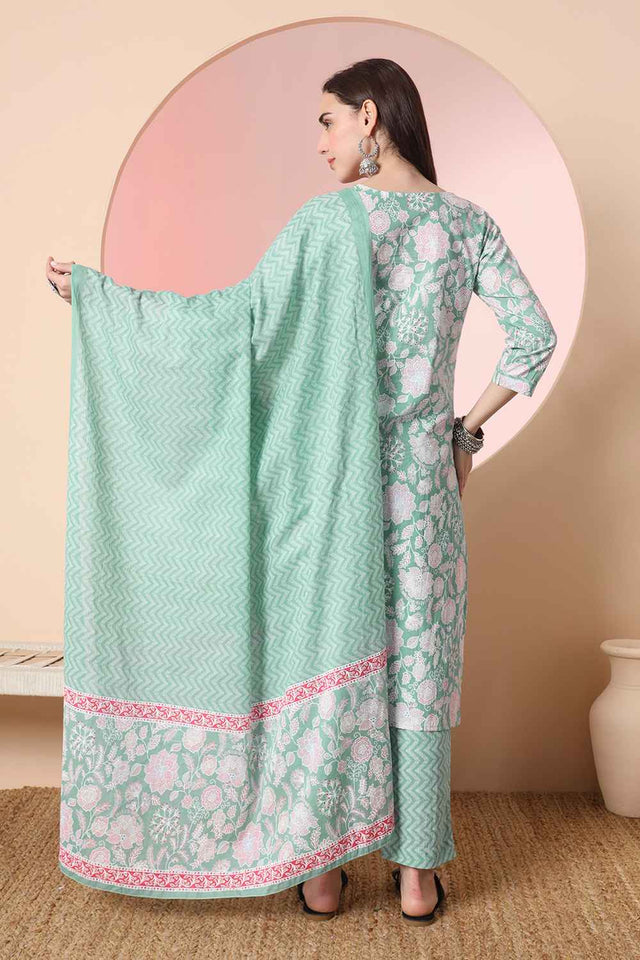 Turquoise Floral Printed Cotton Kurti Pant Set