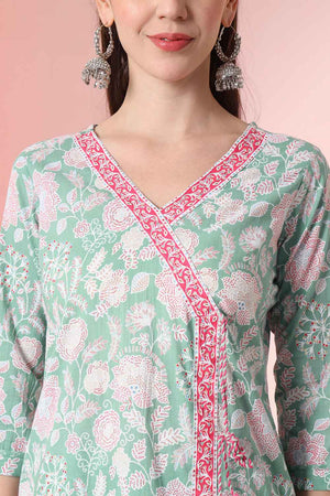 Turquoise Floral Printed Cotton Kurti Pant Set