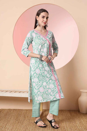 Turquoise Floral Printed Cotton Kurti Pant Set