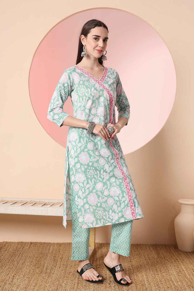 Turquoise Floral Printed Cotton Kurti Pant Set