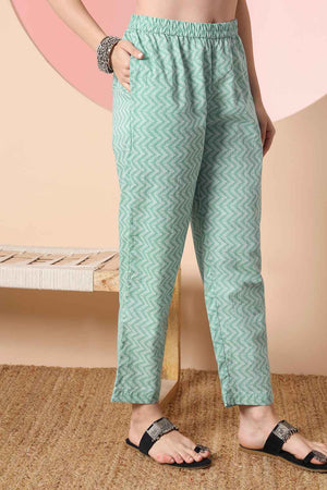 Turquoise Floral Printed Cotton Kurti Pant Set