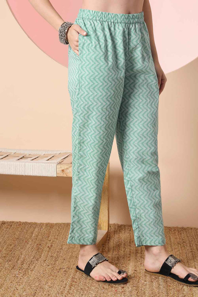 Turquoise Floral Printed Cotton Kurti Pant Set