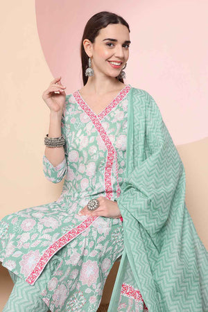 Turquoise Floral Printed Cotton Kurti Pant Set