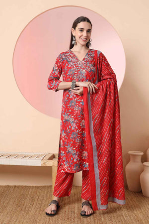 Red Floral Printed Cotton Kurti Pant Set