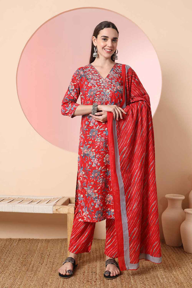 Red Floral Printed Cotton Kurti Pant Set