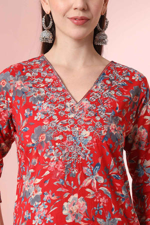 Red Floral Printed Cotton Kurti Pant Set