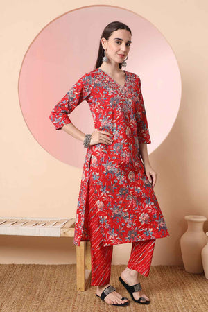 Red Floral Printed Cotton Kurti Pant Set