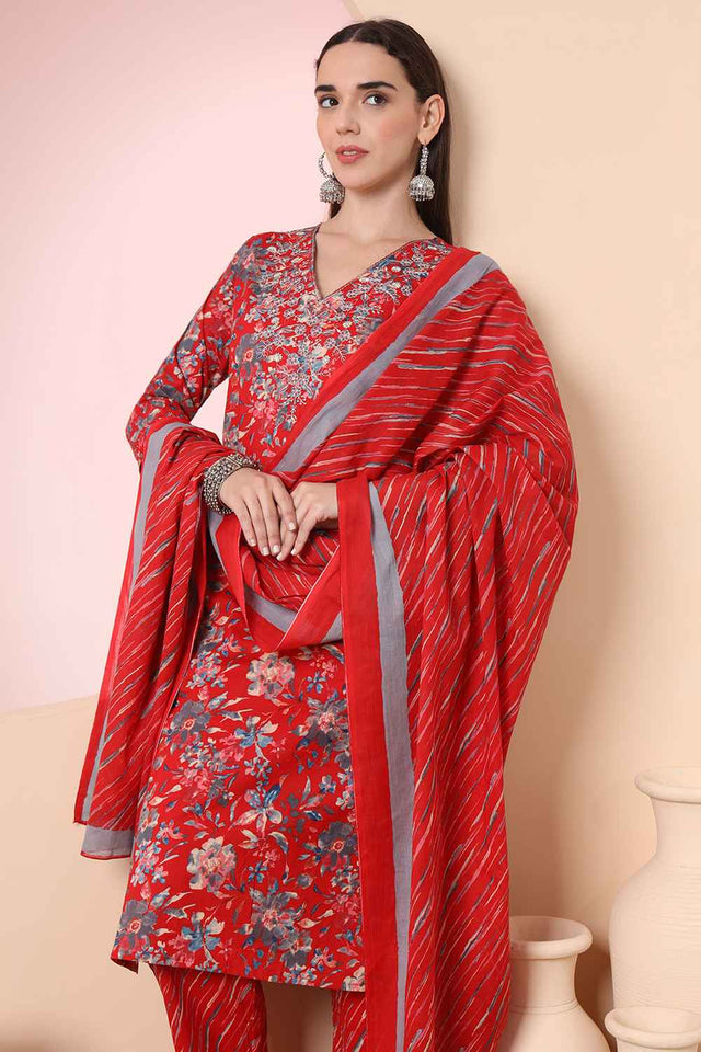 Red Floral Printed Cotton Kurti Pant Set