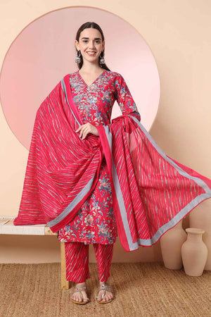 Pink Floral Printed Cotton Kurti Pant Set