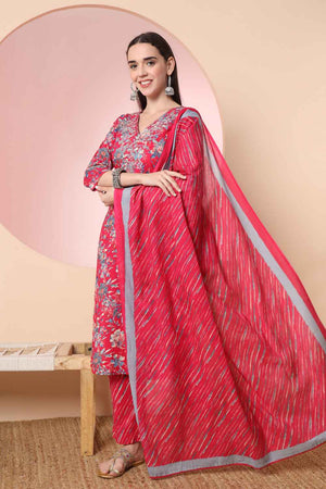 Pink Floral Printed Cotton Kurti Pant Set