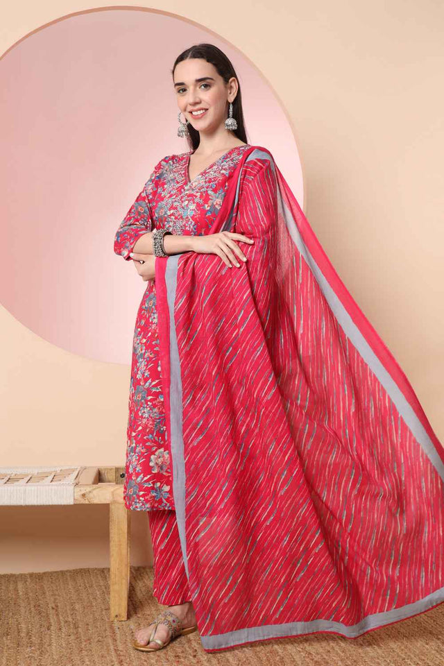 Pink Floral Printed Cotton Kurti Pant Set