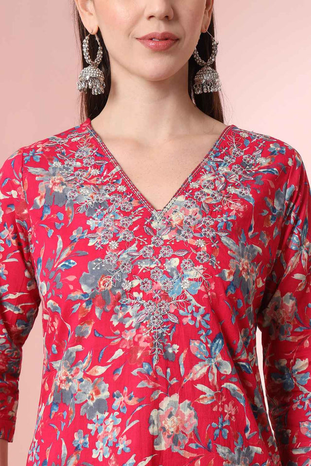 Pink Floral Printed Cotton Kurti Pant Set