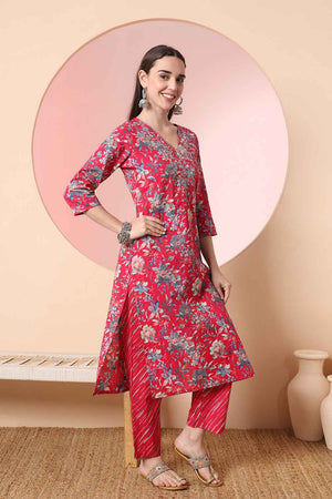 Pink Floral Printed Cotton Kurti Pant Set
