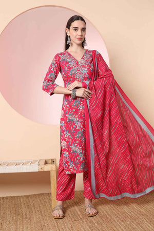 Pink Floral Printed Cotton Kurti Pant Set