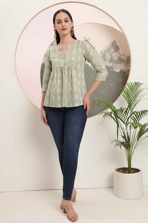Green Geometric Printed Pure Cotton Tops