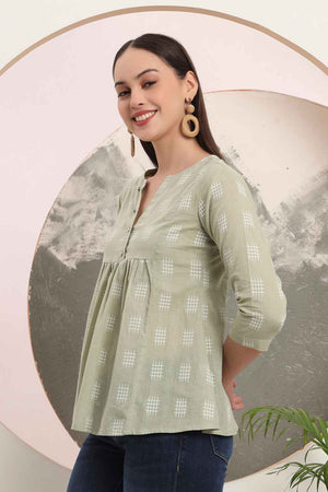 Green Geometric Printed Pure Cotton Tops