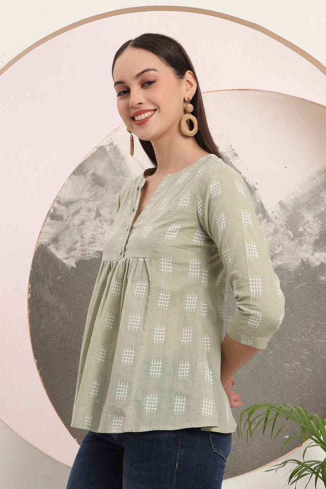 Green Geometric Printed Pure Cotton Tops
