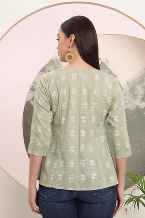 Green Geometric Printed Pure Cotton Tops