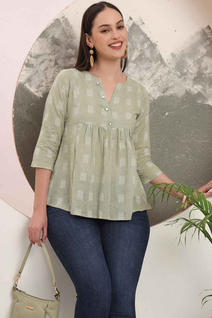 Green Geometric Printed Pure Cotton Tops