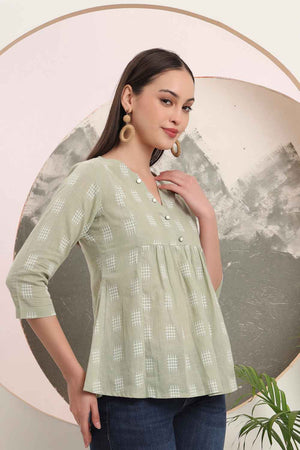 Green Geometric Printed Pure Cotton Tops