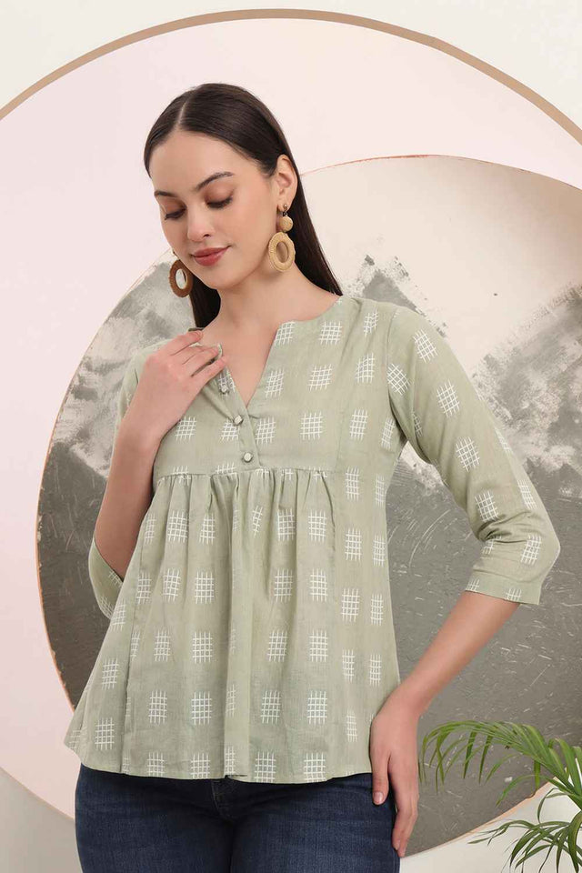 Green Geometric Printed Pure Cotton Tops