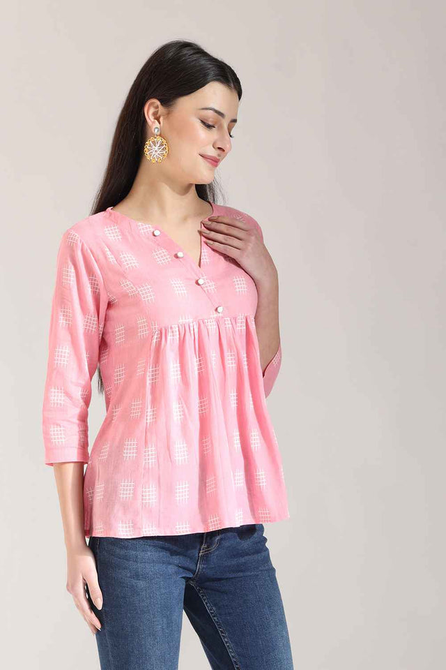 Pink Geometric Printed Pure Cotton Tops