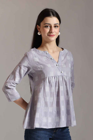 Violet Geometric Printed Pure Cotton Tops