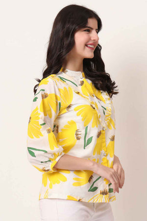Yellow Floral Printed Pure Cotton Tops