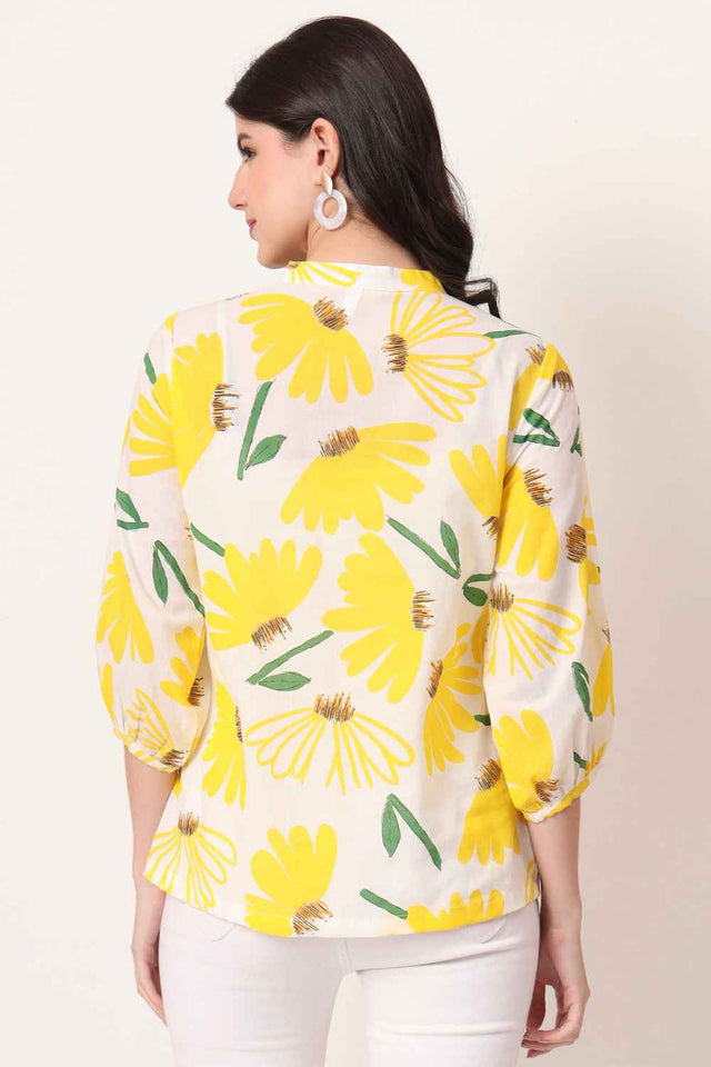 Yellow Floral Printed Pure Cotton Tops