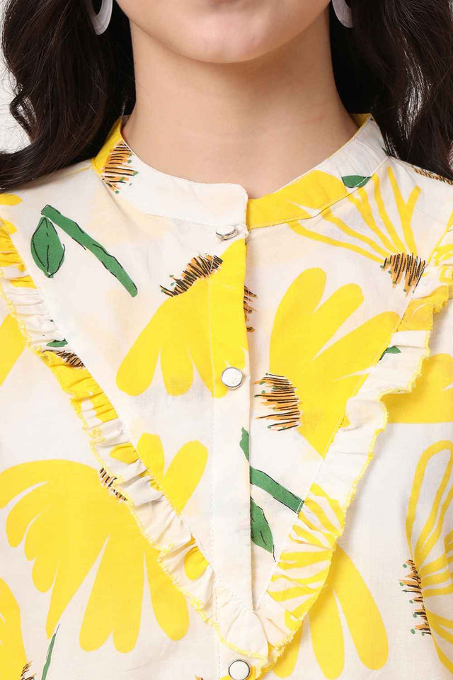 Yellow Floral Printed Pure Cotton Tops