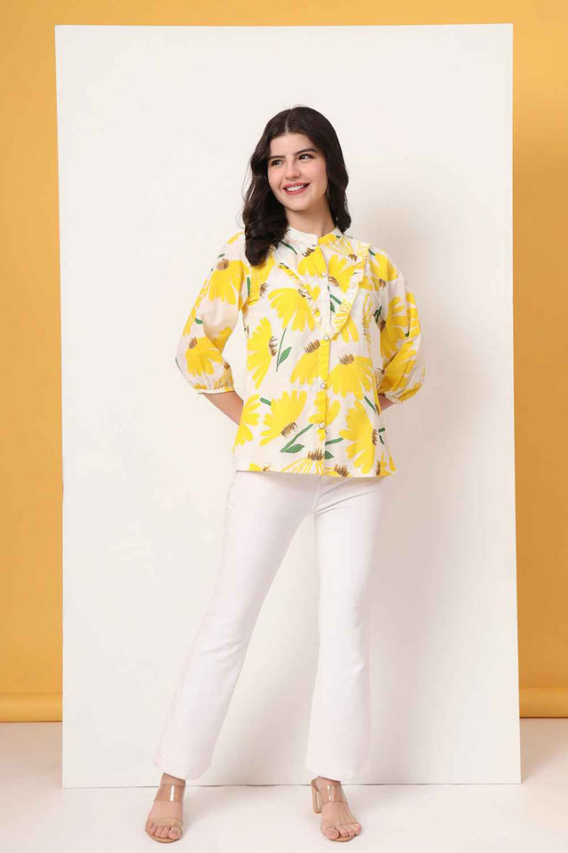 Yellow Floral Printed Pure Cotton Tops