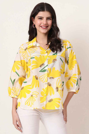 Yellow Floral Printed Pure Cotton Tops
