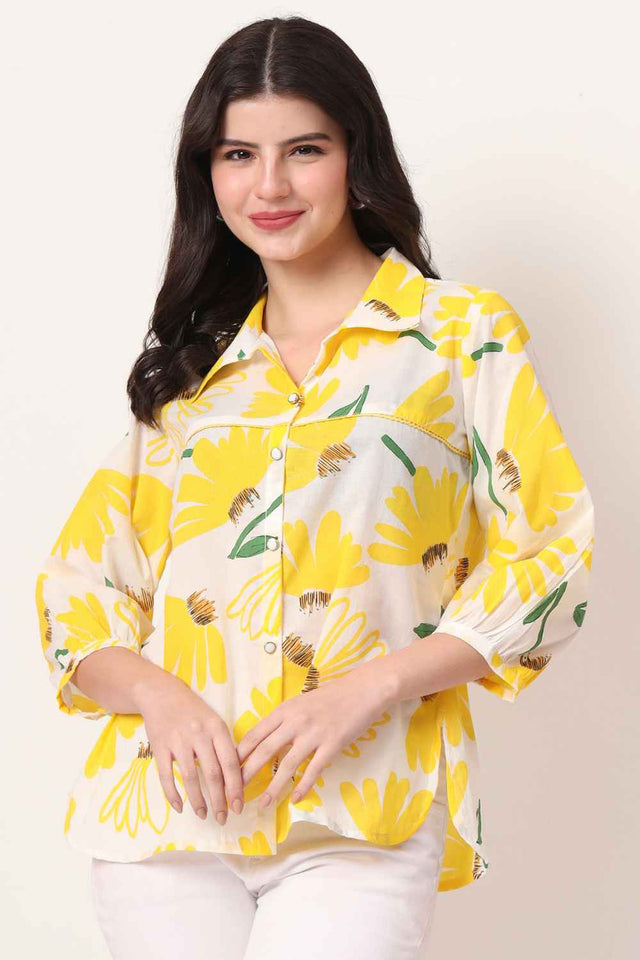 Yellow Floral Printed Pure Cotton Tops