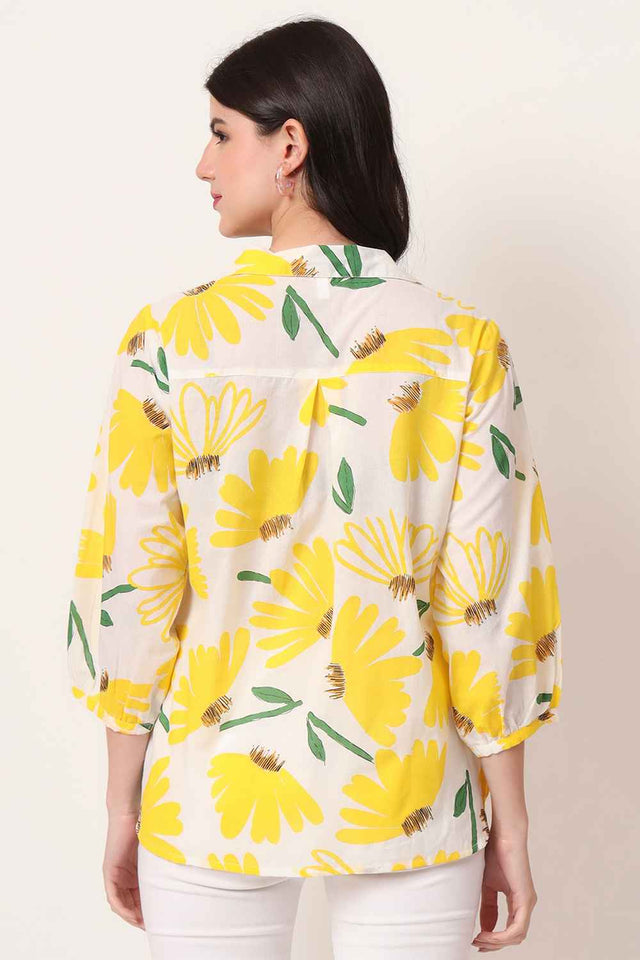 Yellow Floral Printed Pure Cotton Tops