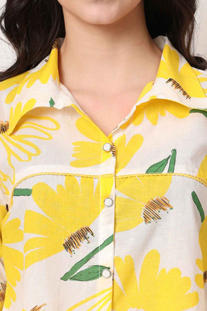 Yellow Floral Printed Pure Cotton Tops