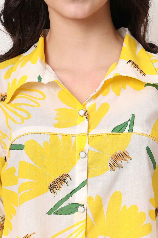 Yellow Floral Printed Pure Cotton Tops