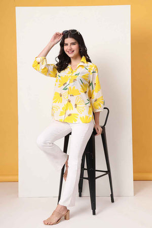Yellow Floral Printed Pure Cotton Tops