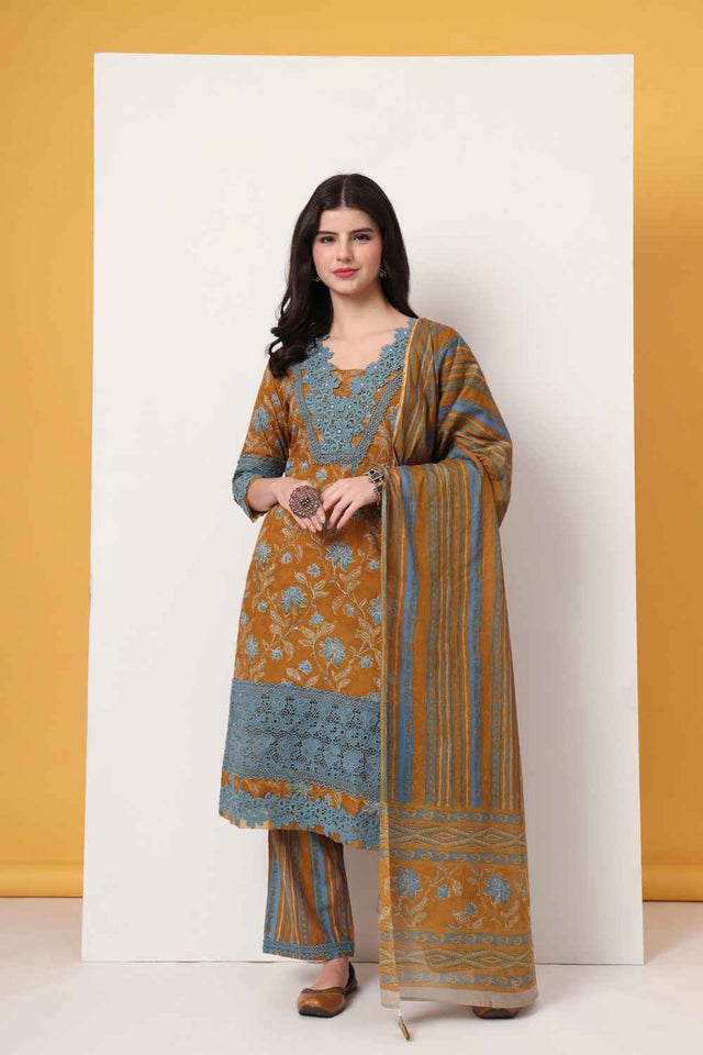 Mustard Floral Printed Cotton Kurti Pant Set