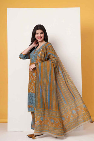 Mustard Floral Printed Cotton Kurti Pant Set