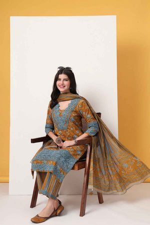 Mustard Floral Printed Cotton Kurti Pant Set