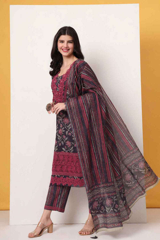 Violet Floral Printed Cotton Kurti Pant Set