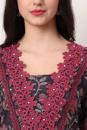 Violet Floral Printed Cotton Kurti Pant Set